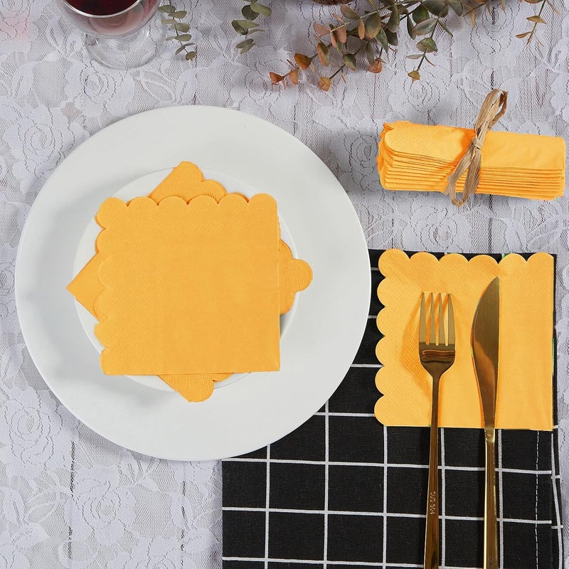 BEFORYOU 200 Pack Cocktail Napkin 2-Ply Scalloped Edged Dessert Napkins Folded 5 x 5 Inches Disposable Napkins for Dinner Wedding Birthday Party Bridal Anniversary Reception Event (Yellow) - Image 5